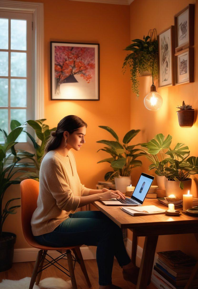 A captivating scene capturing a modern woman, confidently writing on her laptop in a cozy, inviting space. Around her are elements symbolizing empowerment and self-expression: books about feminism, vibrant artwork, and a plant that adds a touch of nature. Soft, warm lighting enhances the intimate atmosphere, suggesting a blend of creativity and intimacy. super-realistic. vibrant colors. cozy interior.