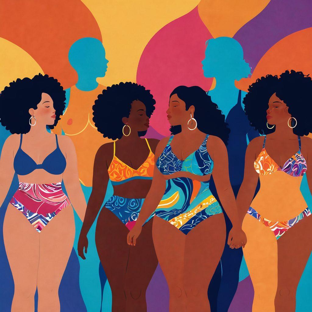 A bold and vibrant illustration showcasing diverse bodies celebrating sexuality and body positivity. Include silhouettes of various body shapes and sizes intertwined with colorful abstract patterns, symbolizing freedom and self-expression. In the background, hints of NSFW art styles infused with positive messages about confidence and acceptance. The overall atmosphere should convey empowerment and inclusivity, inviting viewers to reflect on their own perceptions. bright colors. modern art.